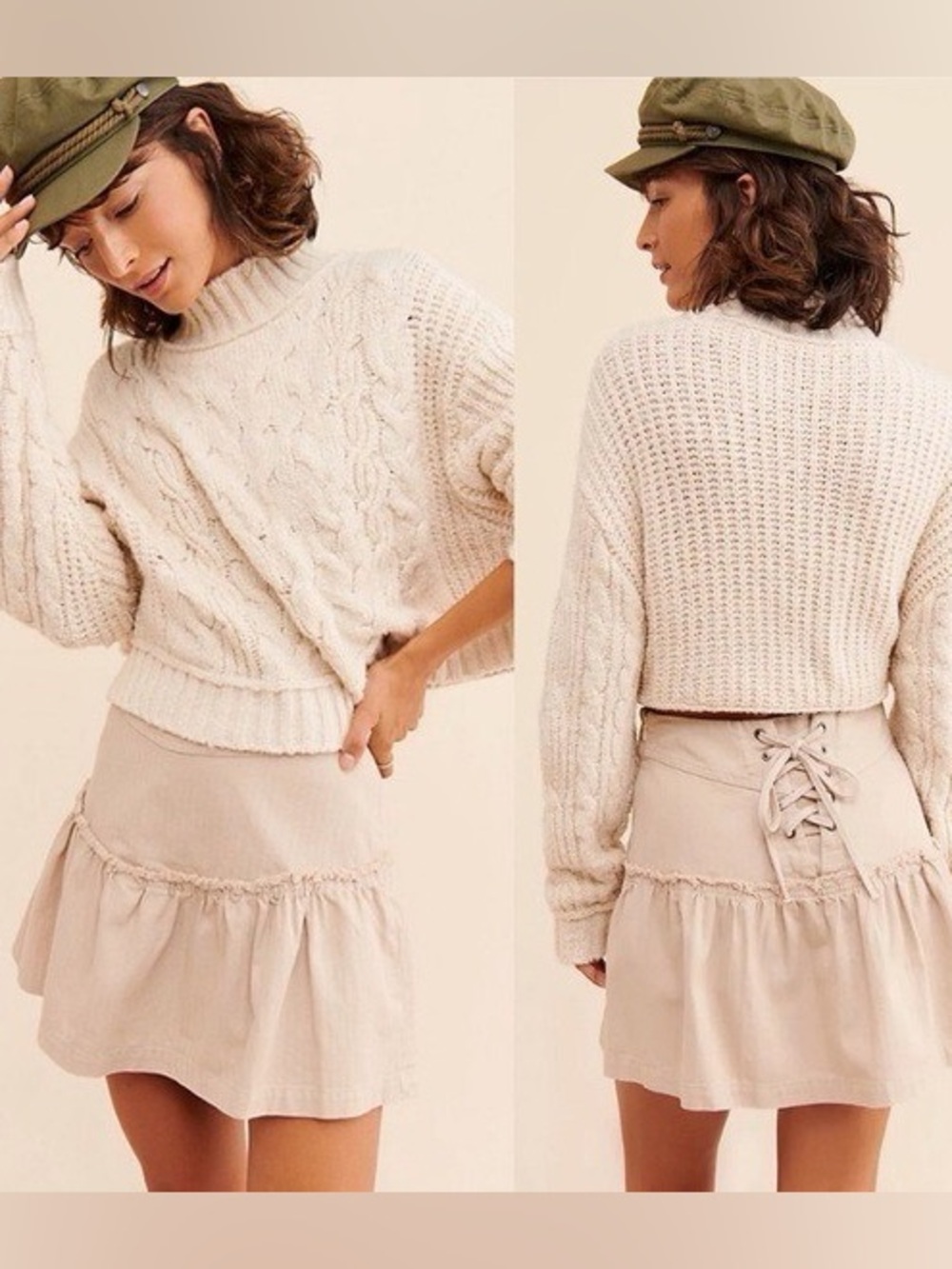 Free People Positano mini skirt Light Cream Ruffled Cotton
